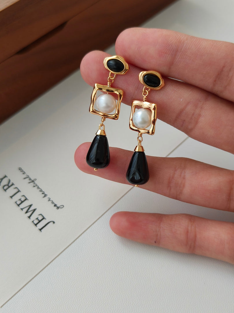 All-over S925 sterling silver plated with 18k real gold｜Agate｜Natural freshwater pearl earrings