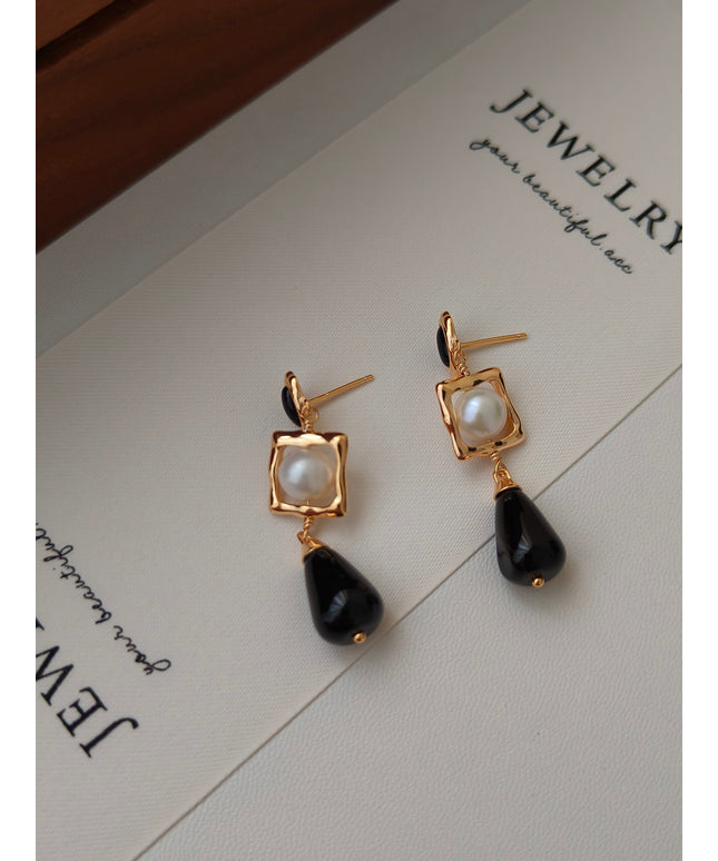 18K Gold-Plated Agate & Pearl Earrings