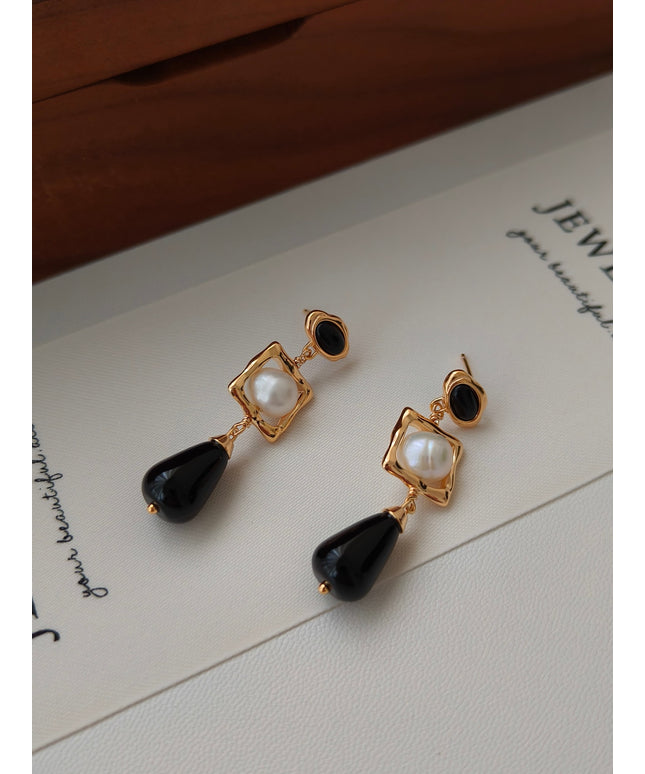 18K Gold-Plated Agate & Pearl Earrings