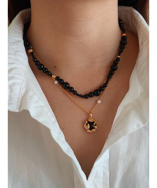 All-over S925 sterling silver plated with 18k real gold｜Black agate necklace