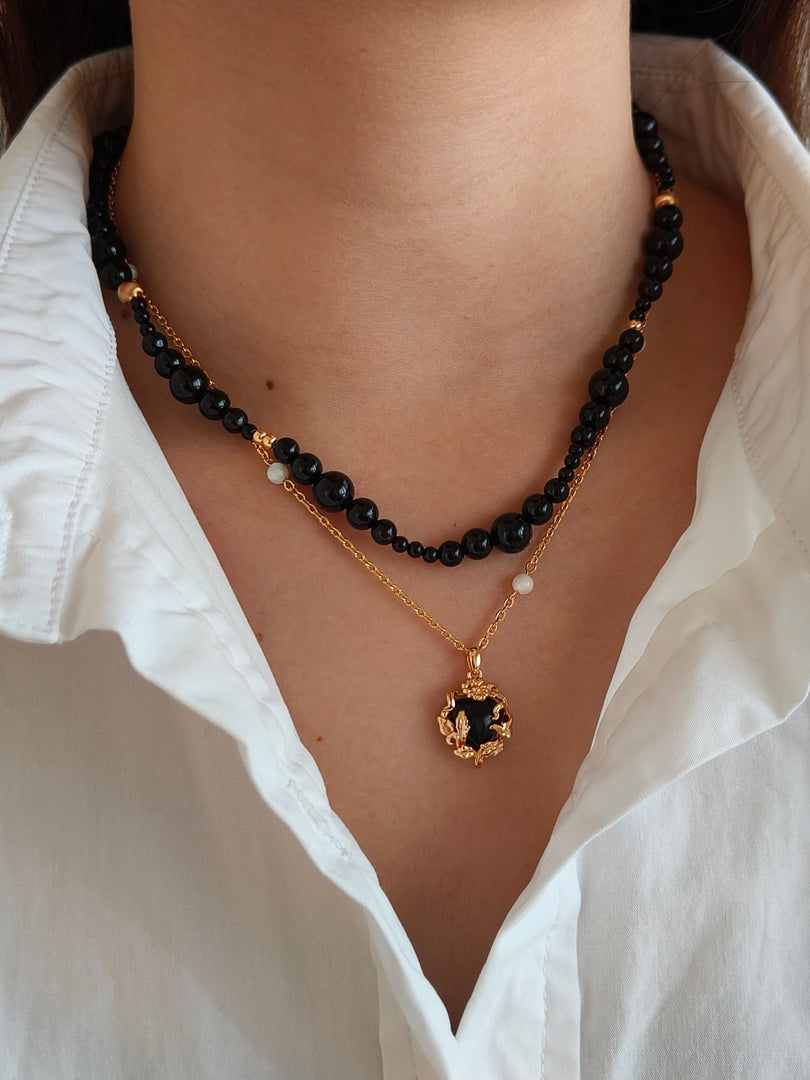 All-over S925 sterling silver plated with 18k real gold｜Black agate necklace