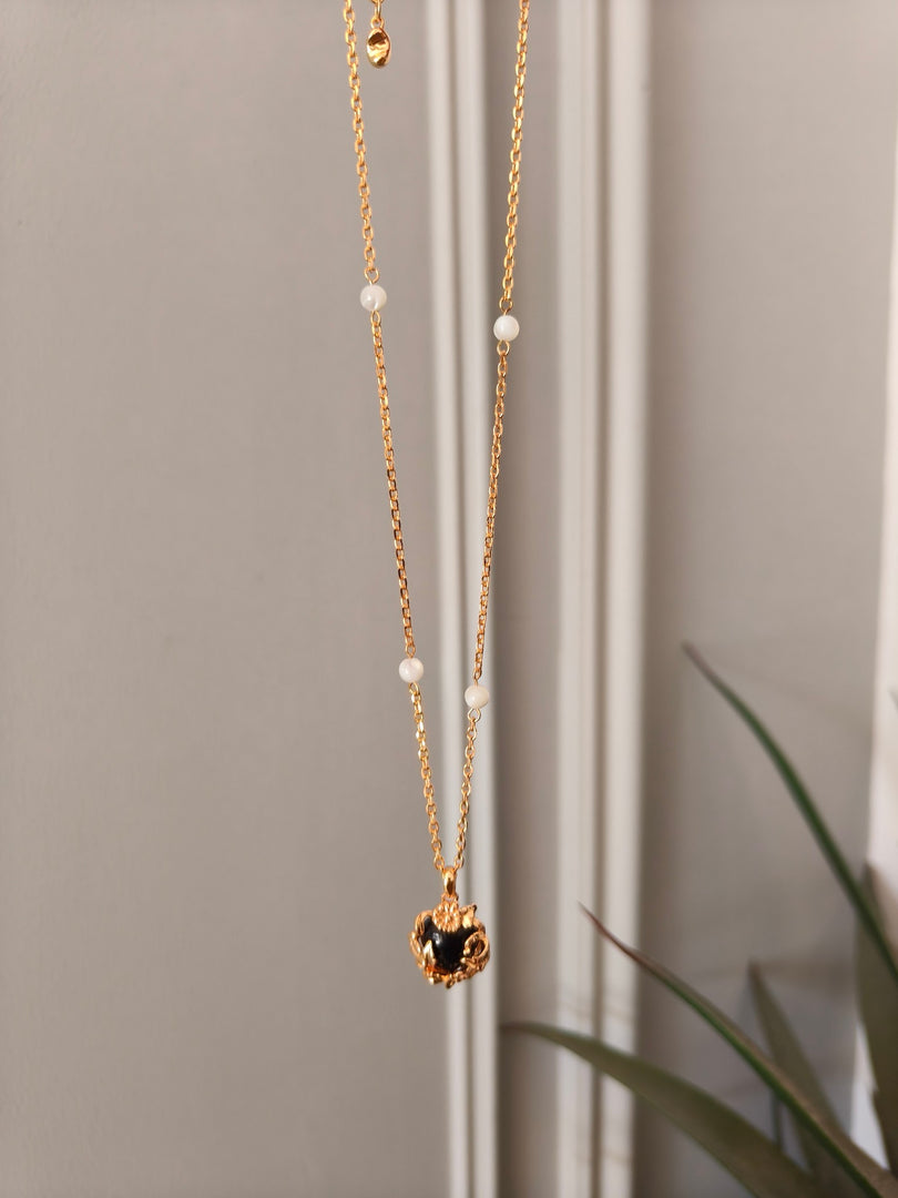 All-over S925 sterling silver plated with 18k real gold｜Black agate necklace