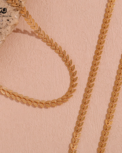 Glossmoon European and American Simple Niche Hot-Selling Titanium Steel Bracelet and Anklet Set Stainless Steel 18K Gold Plated Leaf Fish Tail Chain Necklace