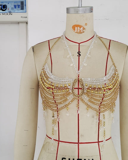 Glossmoon New Colorful Beads Gemstone Heavy Craft Sexy Hot Girl Tank Top Vest Chest Chain Bikini Nightclub Beach Bikini Jewelry