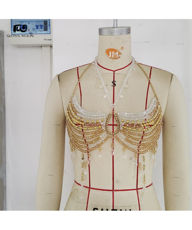 Glossmoon New Colorful Beads Gemstone Heavy Craft Sexy Hot Girl Tank Top Vest Chest Chain Bikini Nightclub Beach Bikini Jewelry