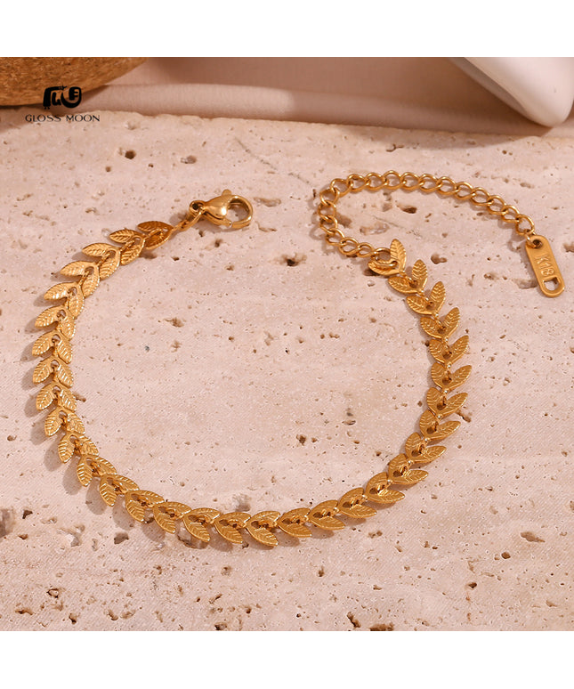 Glossmoon European and American Simple Niche Hot-Selling Titanium Steel Bracelet and Anklet Set Stainless Steel 18K Gold Plated Leaf Fish Tail Chain Necklace