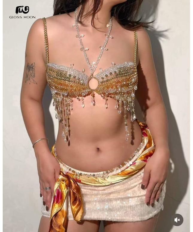 Glossmoon New Colorful Beads Gemstone Heavy Craft Sexy Hot Girl Tank Top Vest Chest Chain Bikini Nightclub Beach Bikini Jewelry