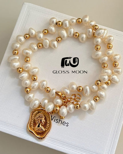 Gloss Moon Fresh Fashion Pearl Stone-Shaped Pearl Chain Queen Tag Necklace High-End Design Feminine Temperament