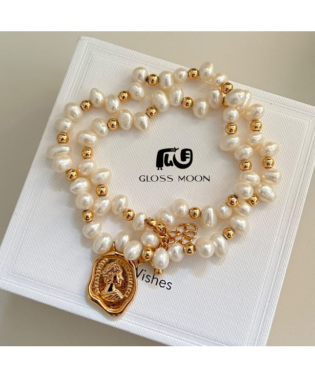Glossmoon Fresh Fashion Pearl Stone-Shaped Pearl Chain Queen Tag Necklace High-End Design Feminine Temperament