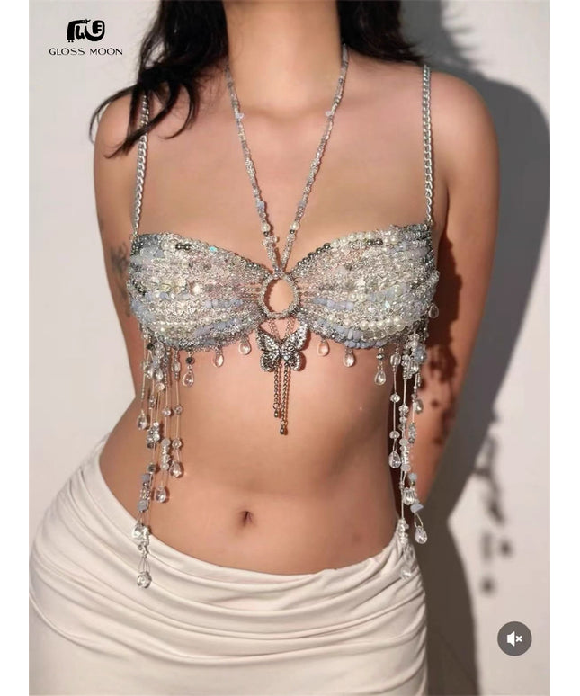 Glossmoon Fashion Multi Beaded Bra Halter Top Hot Girl Butterfly Pendant Small Vest Body Chain Chest Chain Bikini Beach Nightclub Body Chain