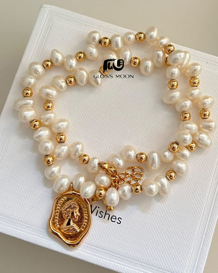 Gloss Moon Fresh Fashion Pearl Stone-Shaped Pearl Chain Queen Tag Necklace High-End Design Feminine Temperament