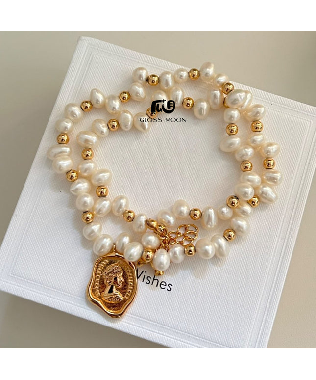 Glossmoon Fresh Fashion Pearl Stone-Shaped Pearl Chain Queen Tag Necklace High-End Design Feminine Temperament