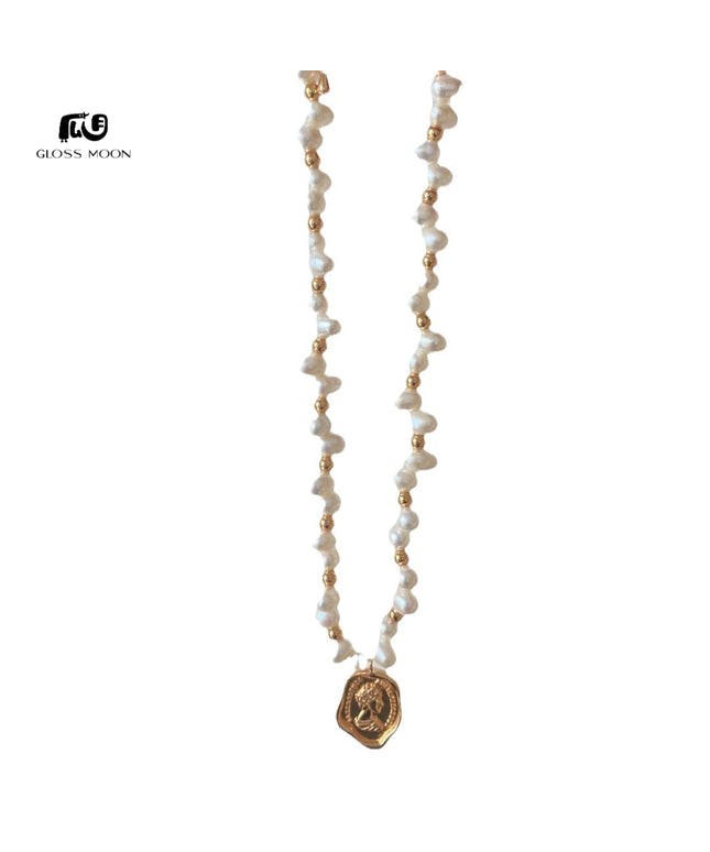 Glossmoon Qi Qi Fresh Fashion Pearl Stone-Shaped Pearl Chain Body Queen Tag Necklace High-End Design Feminine Temperament