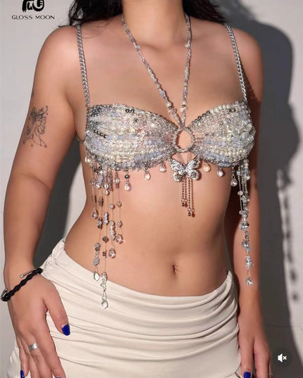 Glossmoon Fashion Multi Beaded Bra Halter Top Hot Girl Butterfly Pendant Small Vest Body Chain Chest Chain Bikini Beach Nightclub Body Chain
