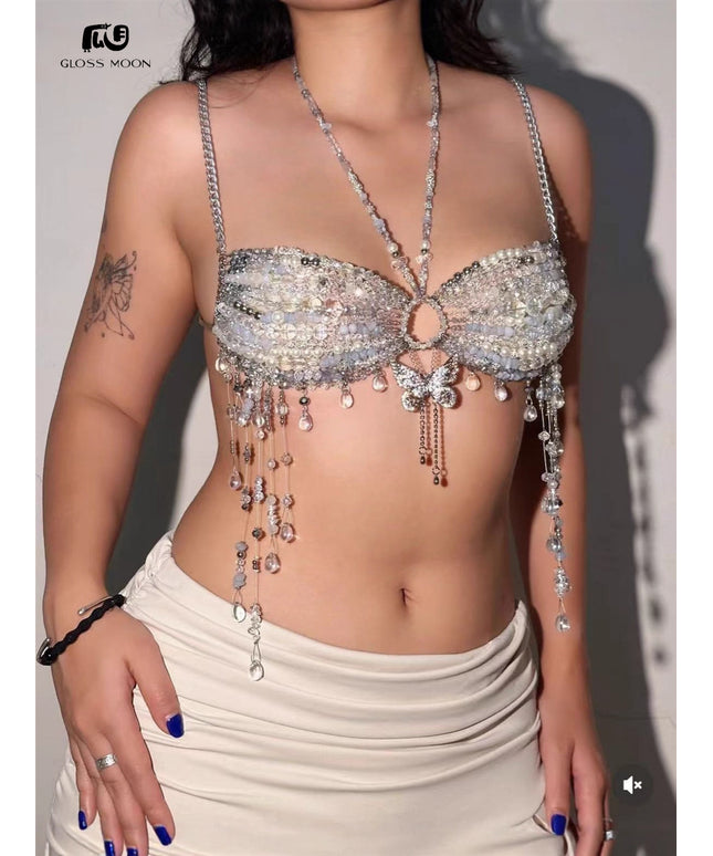 Glossmoon Fashion Multi Beaded Bra Halter Top Hot Girl Butterfly Pendant Small Vest Body Chain Chest Chain Bikini Beach Nightclub Body Chain
