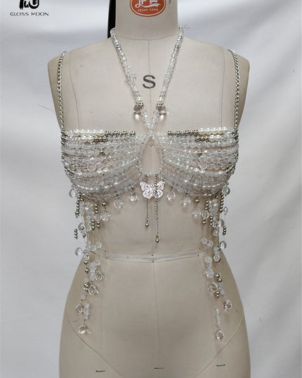 Glossmoon Fashion Multi Beaded Bra Halter Top Hot Girl Butterfly Pendant Small Vest Body Chain Chest Chain Bikini Beach Nightclub Body Chain