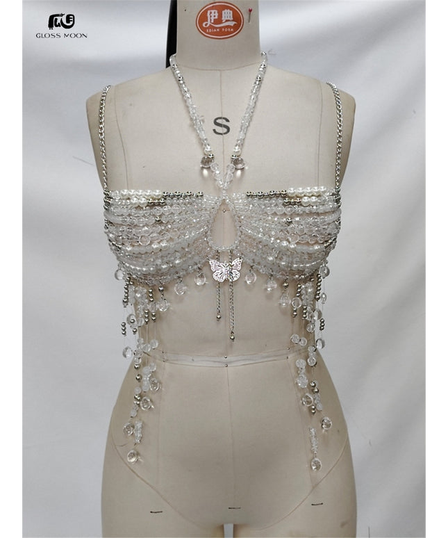 Glossmoon Fashion Multi Beaded Bra Halter Top Hot Girl Butterfly Pendant Small Vest Body Chain Chest Chain Bikini Beach Nightclub Body Chain