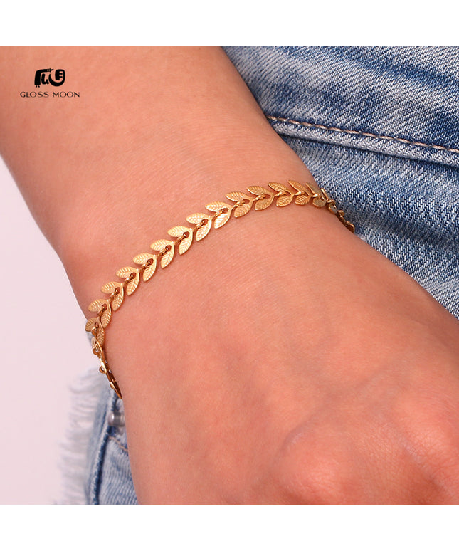 Glossmoon European and American Simple Niche Hot-Selling Titanium Steel Bracelet and Anklet Set Stainless Steel 18K Gold Plated Leaf Fish Tail Chain Necklace