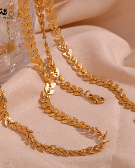 Glossmoon European and American Simple Niche Hot-Selling Titanium Steel Bracelet and Anklet Set Stainless Steel 18K Gold Plated Leaf Fish Tail Chain Necklace