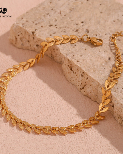 Glossmoon European and American Simple Niche Hot-Selling Titanium Steel Bracelet and Anklet Set Stainless Steel 18K Gold Plated Leaf Fish Tail Chain Necklace