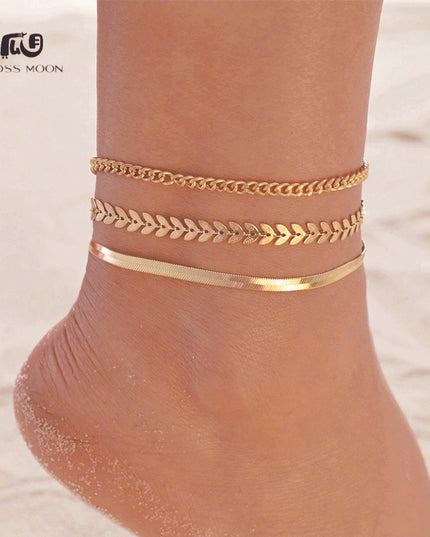 Gloss Moon European and American Simple Niche Hot-Selling Titanium Steel Bracelet and Anklet Set Stainless Steel 18K Gold Plated Leaf Fish Tail Chain Necklace