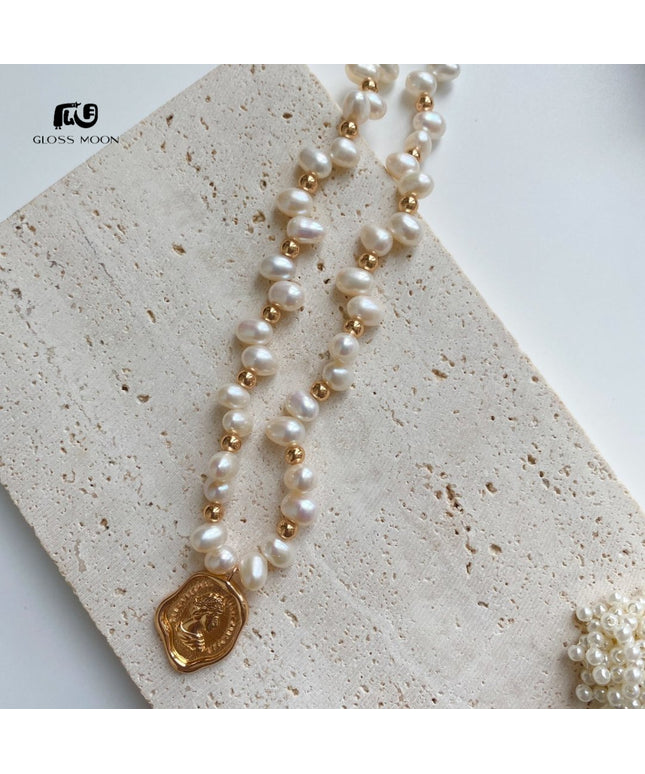 Glossmoon Qi Qi Fresh Fashion Pearl Stone-Shaped Pearl Chain Body Queen Tag Necklace High-End Design Feminine Temperament