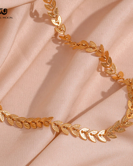 Glossmoon European and American Simple Niche Hot-Selling Titanium Steel Bracelet and Anklet Set Stainless Steel 18K Gold Plated Leaf Fish Tail Chain Necklace