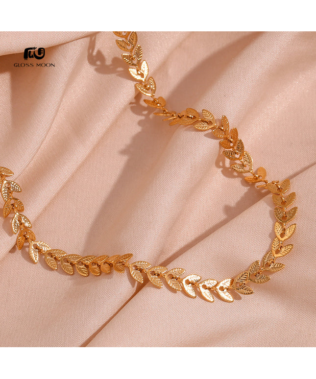 Glossmoon European and American Simple Niche Hot-Selling Titanium Steel Bracelet and Anklet Set Stainless Steel 18K Gold Plated Leaf Fish Tail Chain Necklace