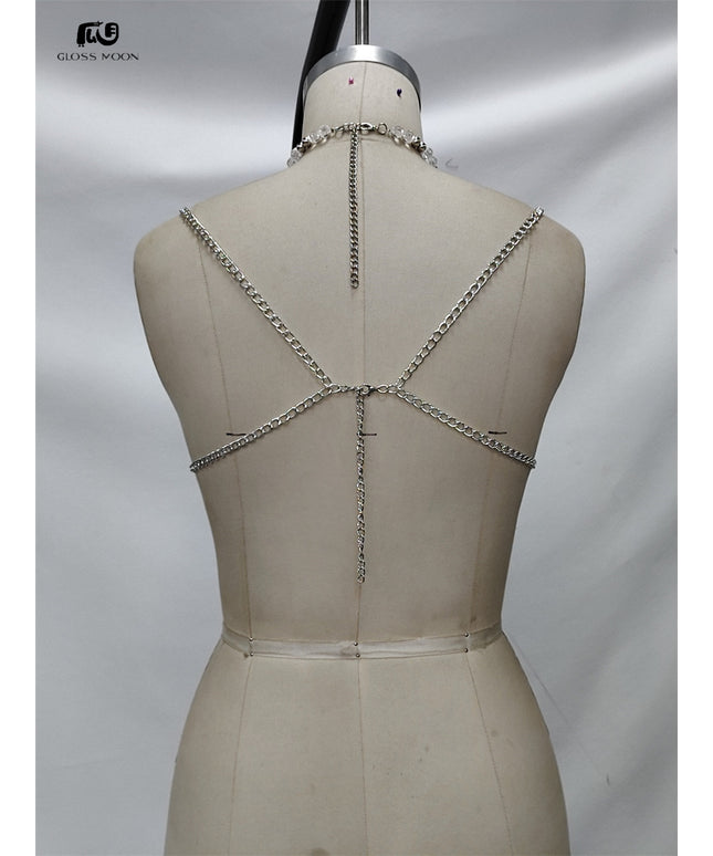 Glossmoon Fashion Multi Beaded Bra Halter Top Hot Girl Butterfly Pendant Small Vest Body Chain Chest Chain Bikini Beach Nightclub Body Chain