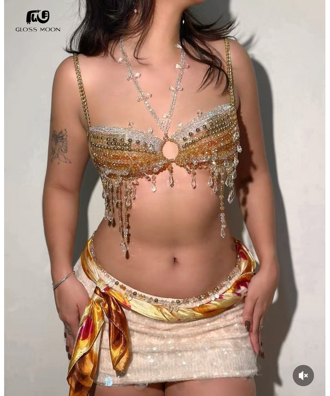 Glossmoon New Colorful Beads Gemstone Heavy Craft Sexy Hot Girl Tank Top Vest Chest Chain Bikini Nightclub Beach Bikini Jewelry