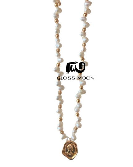 Gloss Moon Fresh Fashion Pearl Stone-Shaped Pearl Chain Queen Tag Necklace High-End Design Feminine Temperament