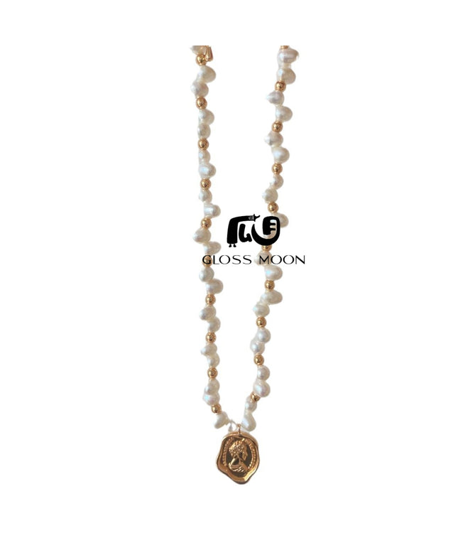 Glossmoon Fresh Fashion Pearl Stone-Shaped Pearl Chain Queen Tag Necklace High-End Design Feminine Temperament