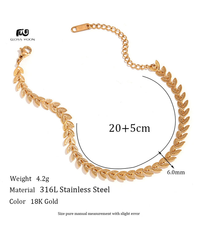 Glossmoon European and American Simple Niche Hot-Selling Titanium Steel Bracelet and Anklet Set Stainless Steel 18K Gold Plated Leaf Fish Tail Chain Necklace