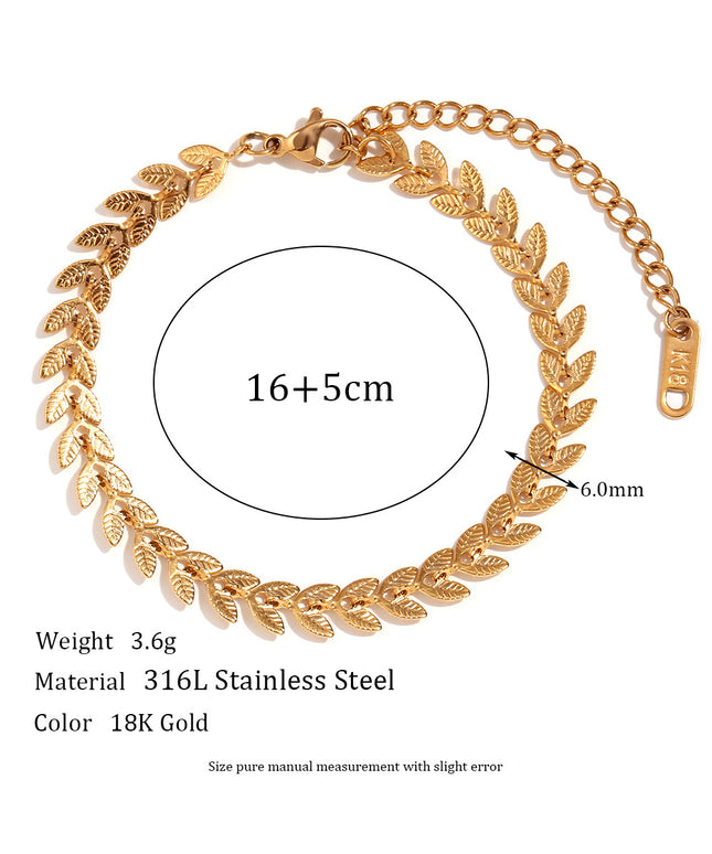 Glossmoon European and American Simple Niche Hot-Selling Titanium Steel Bracelet and Anklet Set Stainless Steel 18K Gold Plated Leaf Fish Tail Chain Necklace