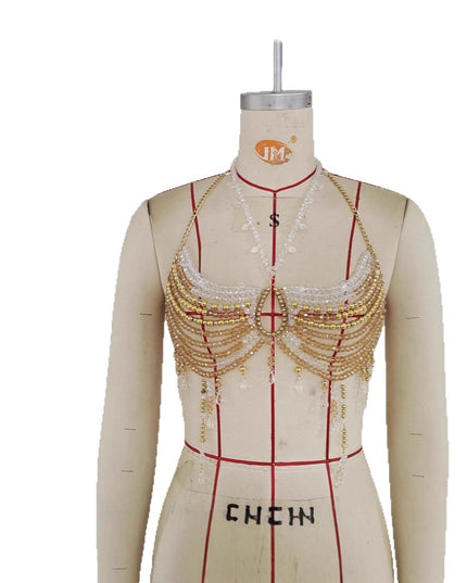 Glossmoon New Colorful Beads Gemstone Heavy Craft Sexy Hot Girl Tank Top Vest Chest Chain Bikini Nightclub Beach Bikini Jewelry