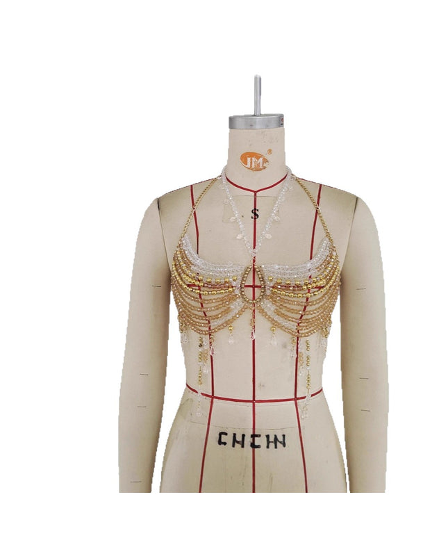 Glossmoon New Colorful Beads Gemstone Heavy Craft Sexy Hot Girl Tank Top Vest Chest Chain Bikini Nightclub Beach Bikini Jewelry