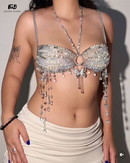 Glossmoon Fashion Multi Beaded Bra Halter Top Hot Girl Butterfly Pendant Small Vest Body Chain Chest Chain Bikini Beach Nightclub Body Chain