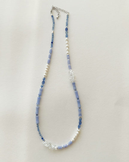 glossmoonLight Blue Natural Stone Beaded Necklace Original Handmade Niche Accessories Ink Style Necklace Clavicle Chain Wholesale