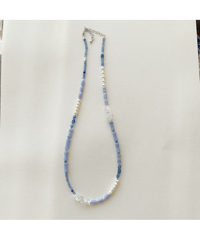 glossmoonLight Blue Natural Stone Beaded Necklace Original Handmade Niche Accessories Ink Style Necklace Clavicle Chain Wholesale