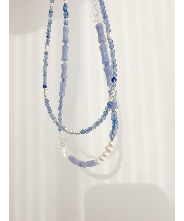 glossmoonLight Blue Natural Stone Beaded Necklace Original Handmade Niche Accessories Ink Style Necklace Clavicle Chain Wholesale