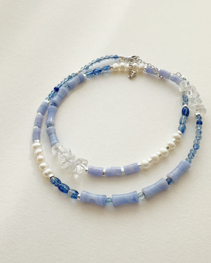 glossmoonLight Blue Natural Stone Beaded Necklace Original Handmade Niche Accessories Ink Style Necklace Clavicle Chain Wholesale