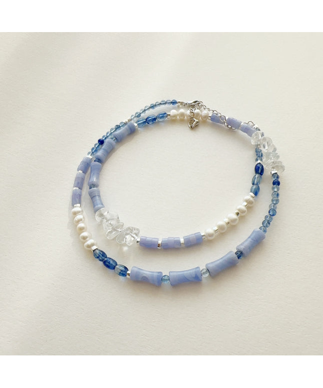 glossmoonLight Blue Natural Stone Beaded Necklace Original Handmade Niche Accessories Ink Style Necklace Clavicle Chain Wholesale