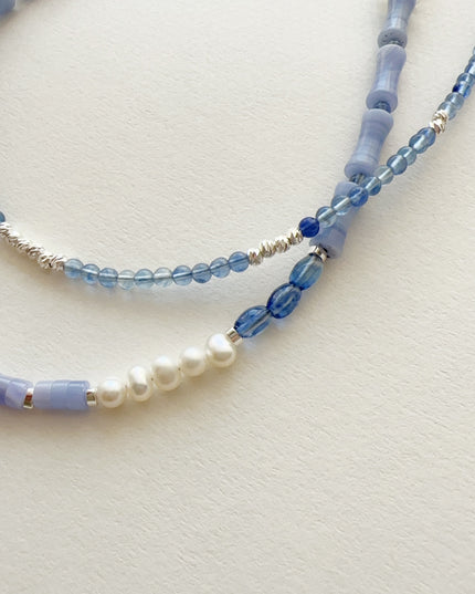 glossmoonLight Blue Natural Stone Beaded Necklace Original Handmade Niche Accessories Ink Style Necklace Clavicle Chain Wholesale