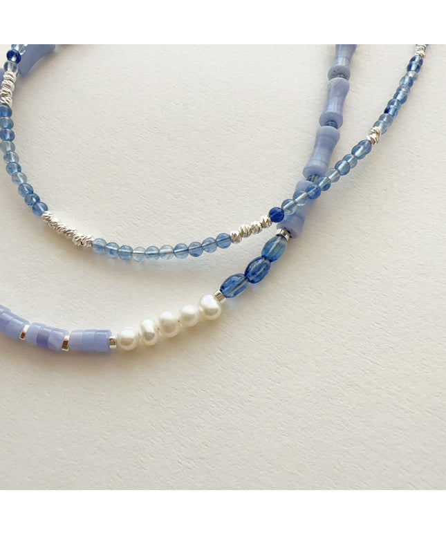 glossmoonLight Blue Natural Stone Beaded Necklace Original Handmade Niche Accessories Ink Style Necklace Clavicle Chain Wholesale