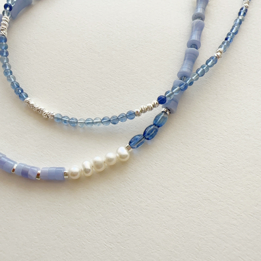 glossmoonLight Blue Natural Stone Beaded Necklace Original Handmade Niche Accessories Ink Style Necklace Clavicle Chain Wholesale