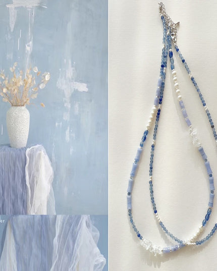 glossmoonLight Blue Natural Stone Beaded Necklace Original Handmade Niche Accessories Ink Style Necklace Clavicle Chain Wholesale