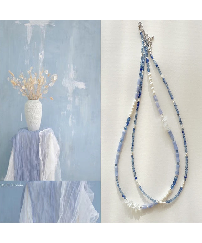 glossmoonLight Blue Natural Stone Beaded Necklace Original Handmade Niche Accessories Ink Style Necklace Clavicle Chain Wholesale